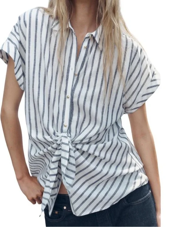 Zara White and Navy Striped Tie-Front Button-Down Shirt - Picture 3 of 3